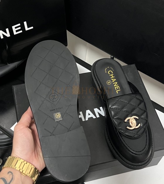 Ch**el Quilted Slip-On Black Loafer Mules Lamskin Leaher