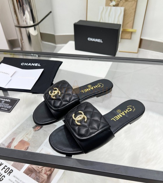 Ch**el Logo Slides Sandals Black Leather Sole 35-43