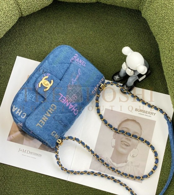 Ch**el Classic Flap Denim Bag Gold Hardware Blue Size 23×14×8cm