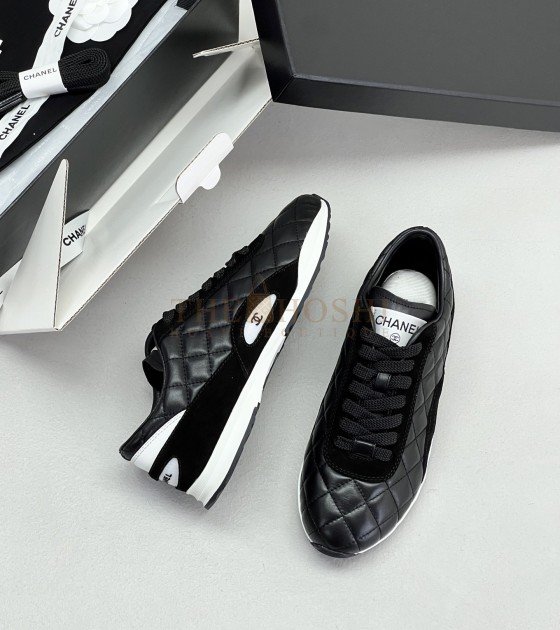 Ch**el Leather Sneakers Black Calfskin Low-Top Women