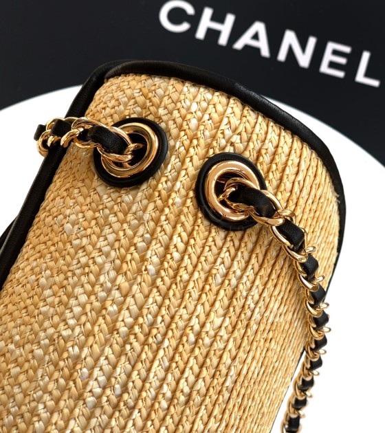 Ch**el Raffia Flap Bag Woven Straw with Lambskin Trim Khaki 26cm