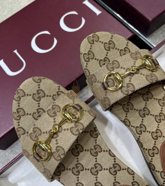 Gvc*1 Horsebit Flat Sandals Beige Ebony GG Canvas Size 36-42 Master Quality