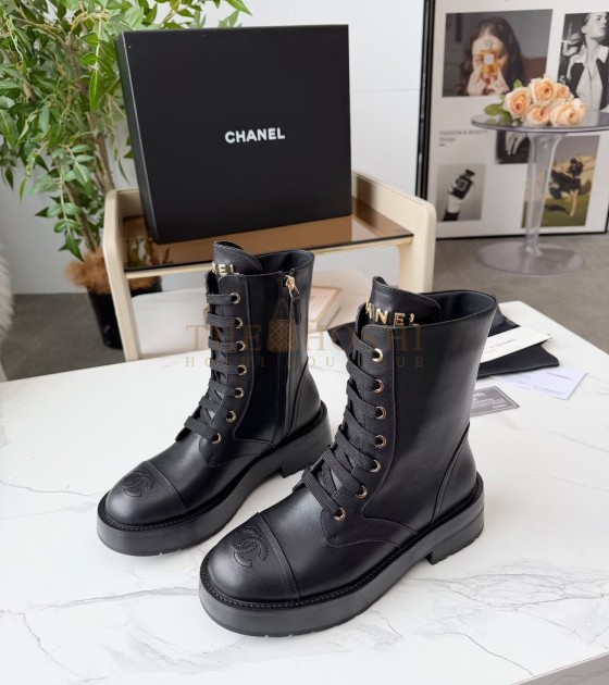 Ch**el Lace-Up Flats Leather Upper  Size 35-42 Black Master Quality