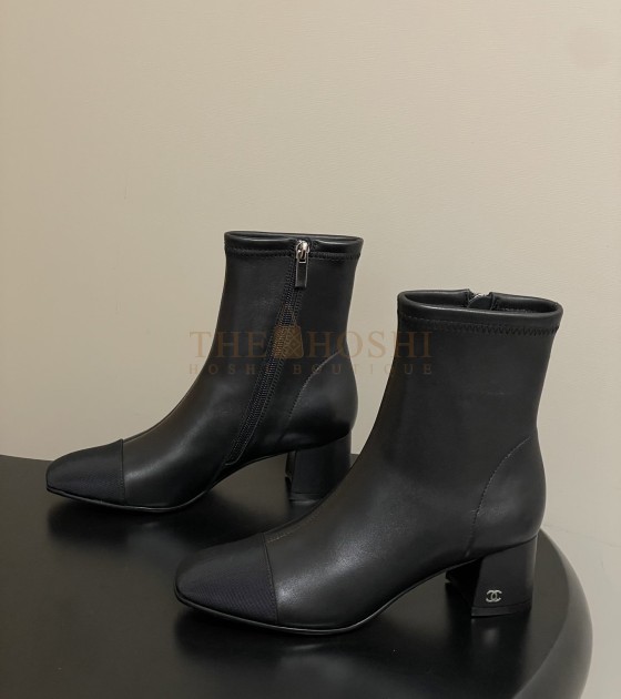 Ch**el Square-Toe Ankle Boots Elastic Lambskin & Leather Sole Black Women