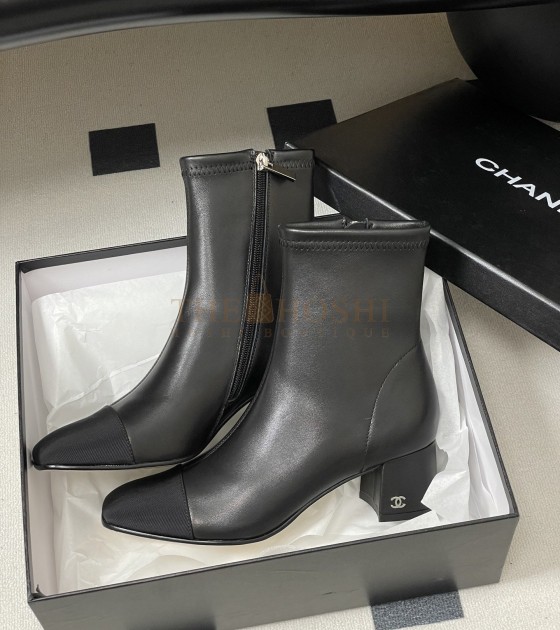 Ch**el Square-Toe Ankle Boots Elastic Lambskin & Leather Sole Black Women