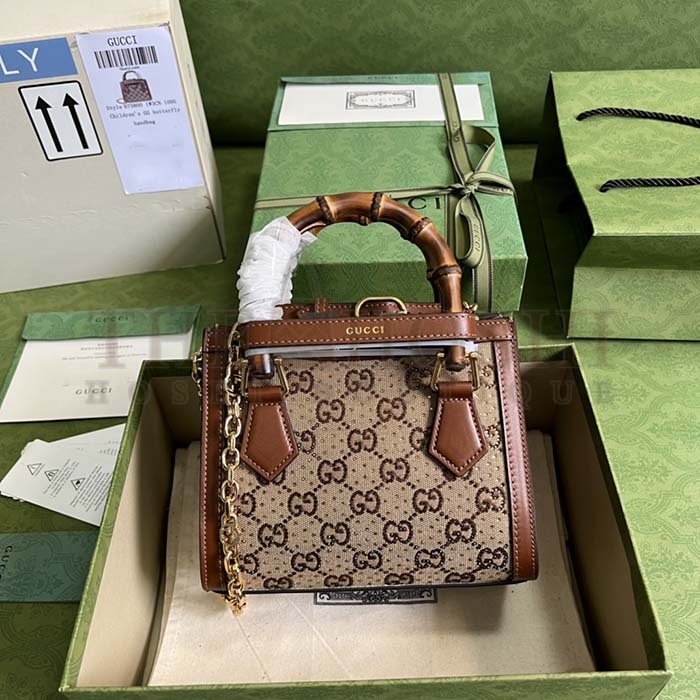 Gvc*1 Women Diana Mini Tote Bag Camel Ebony GG Canvas Crystals Double G Master Quality