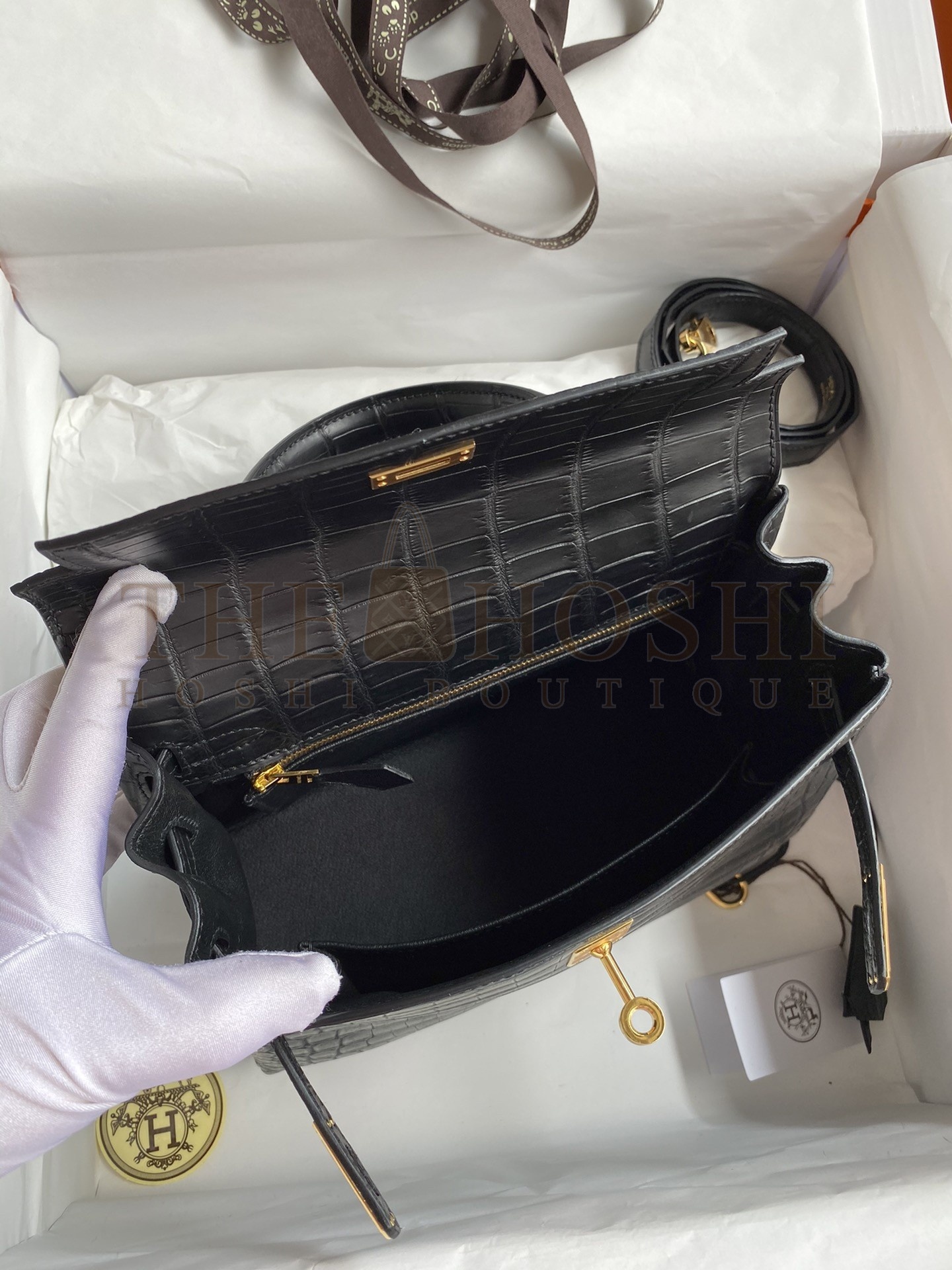H**me5 Kelly Sellier 25 Handmade Bag In Black Crocodile Niloticus Matte Skin Master Quality