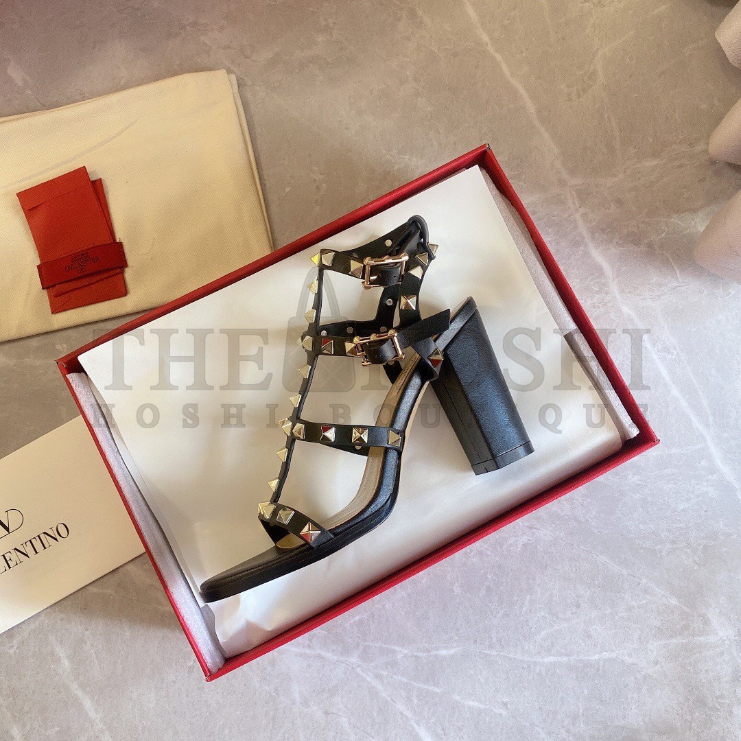 Va1e*ntin0 Rockstud Ankle Strap Sandals 90mm In Black Calfskin Master Quality