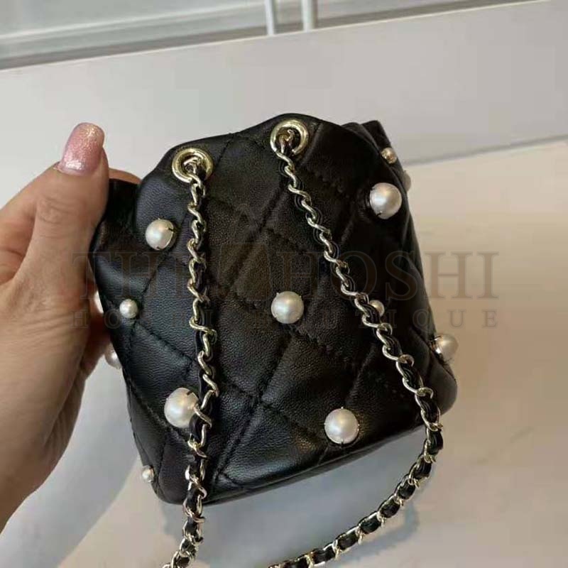 Ch**el Women Mini Drawstring Bag Lambskin Imitation Pearls &amp; Gold-Tone Metal Black Master Quality