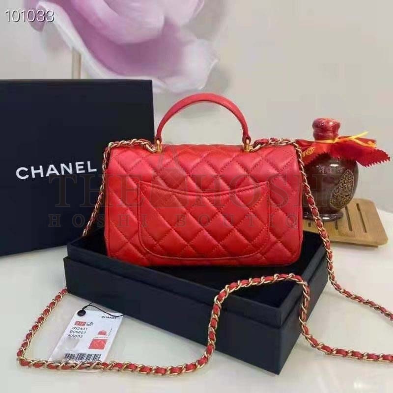 Ch**el Women Mini Flap Bag with Top Handle Grained Calfskin Gold-Tone Metal Red Master Quality