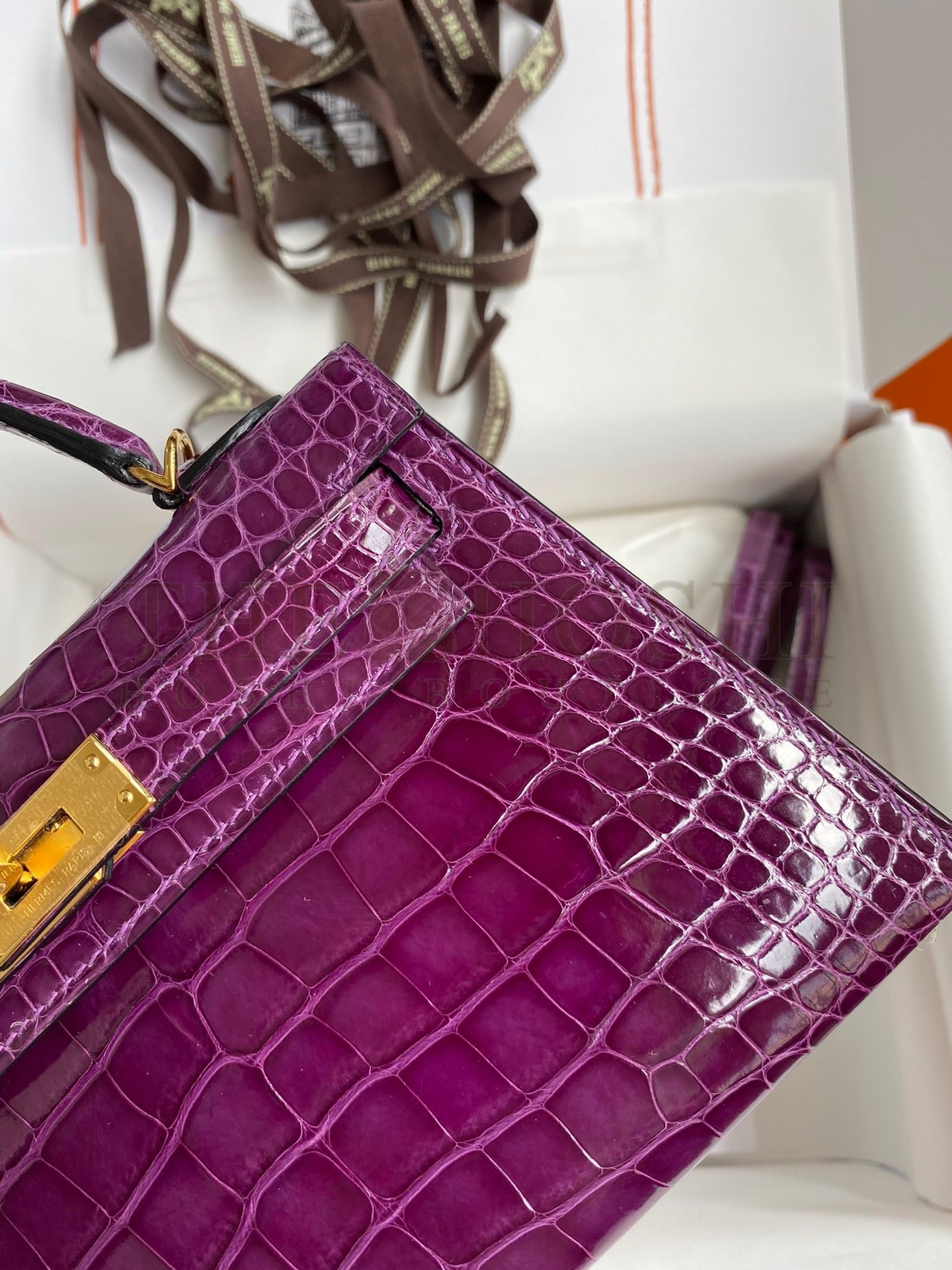 H**me5 Kelly Mini II Sellier Handmade Bag In Purple Shiny Alligator Leather Master Quality