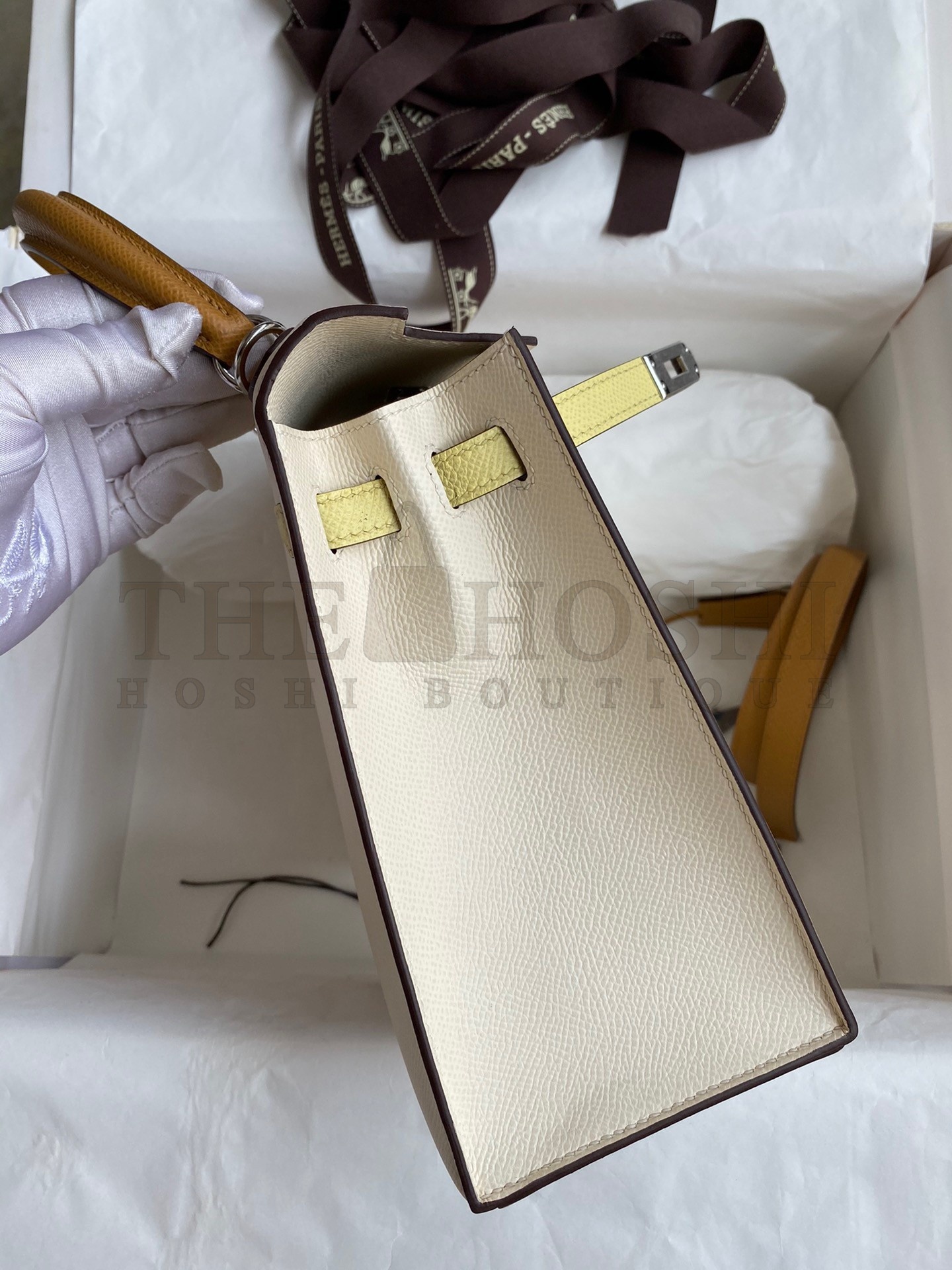 H**me5 Kelly Sellier 25 Tricolor Bag in Craie/Sesame/Yellow Epsom Calfskin Master Quality