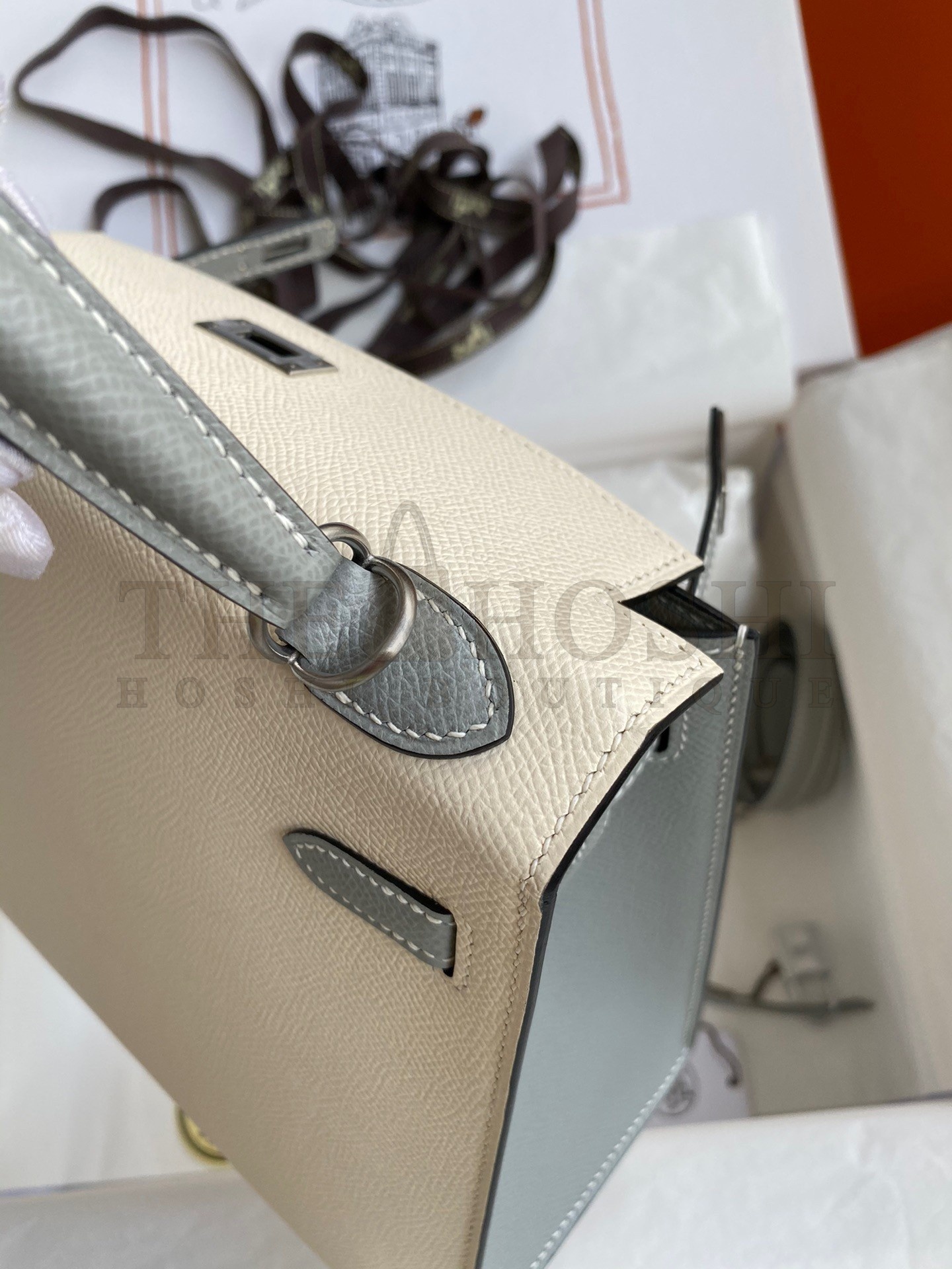 H**me5 Kelly Sellier 25 Bicolor Bag in Craie and Gris Mouette Epsom Calfskin Master Quality