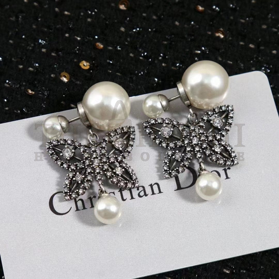 D10r Women CD Papillon De Nuit Earrings Antique Silver Metal Pearls Master Quality