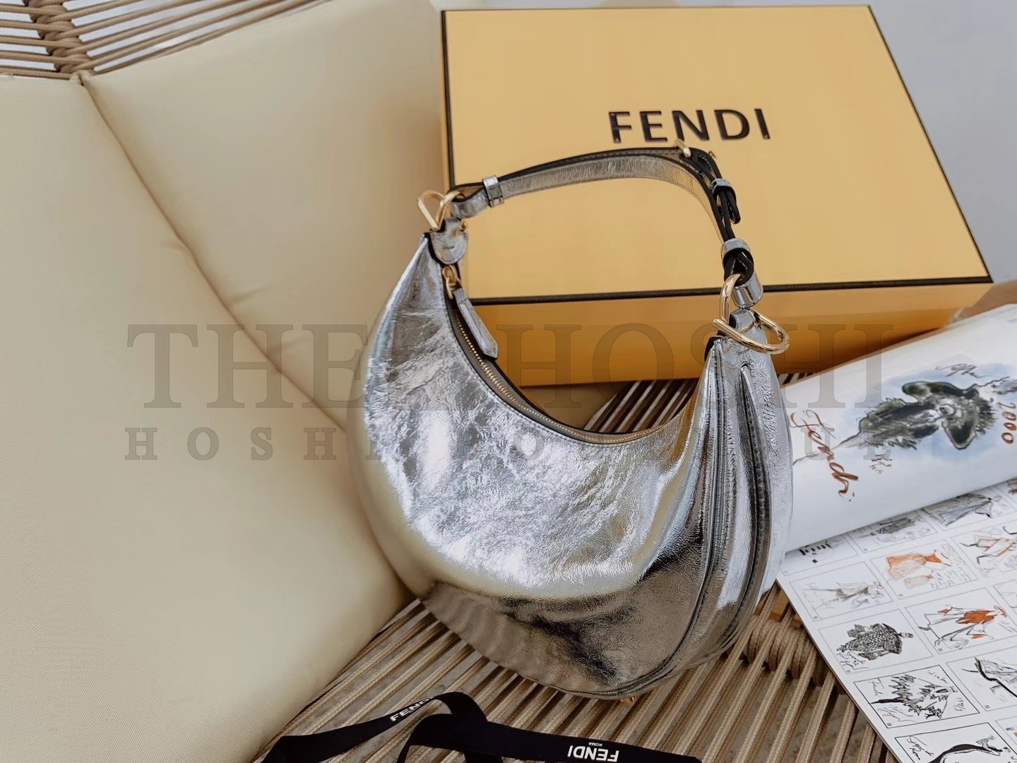 F**di F**digraphy Small Hobo Bag In Silver Metallic Leather Master Quality