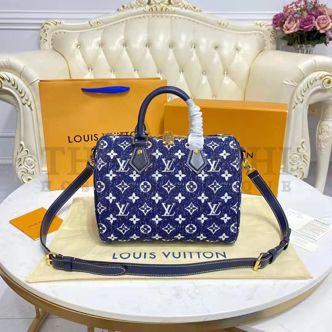 L0vis Vvtt0n LV Women Speedy Bandoulière 25 Handbag Navy Blue Denim Jacquard Calfskin Master Quality