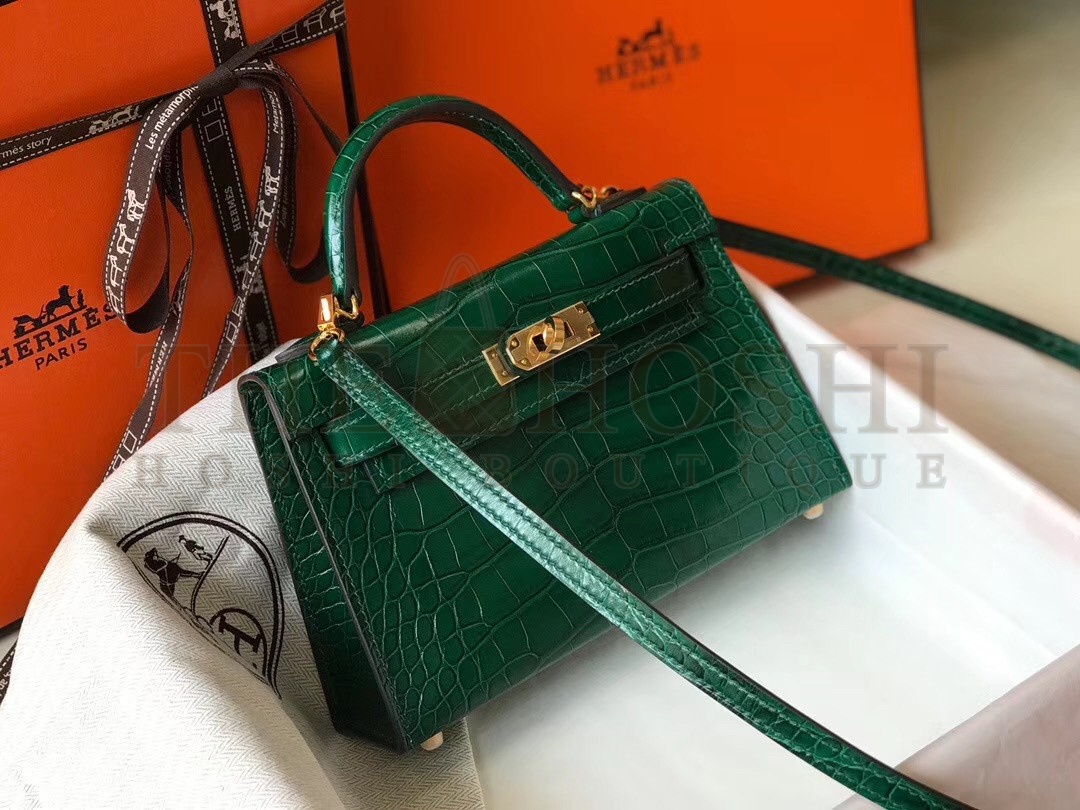 H**me5 Kelly Mini II Bag In Green Crocodile Embossed Leather Master Quality