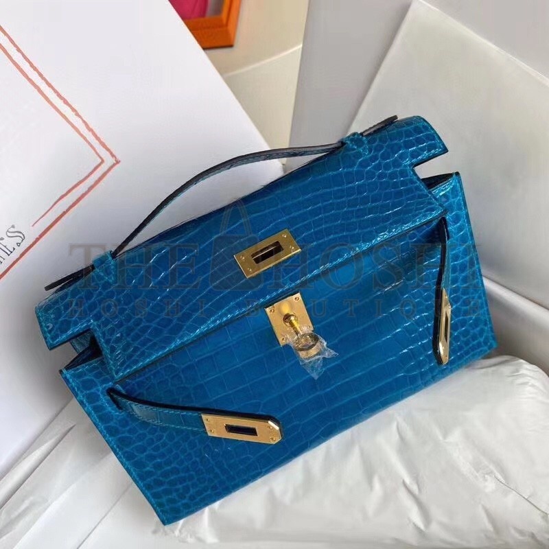 H**me5 Blue Izmir Shiny Alligator Crocodile Kelly Pochette Bag Master Quality