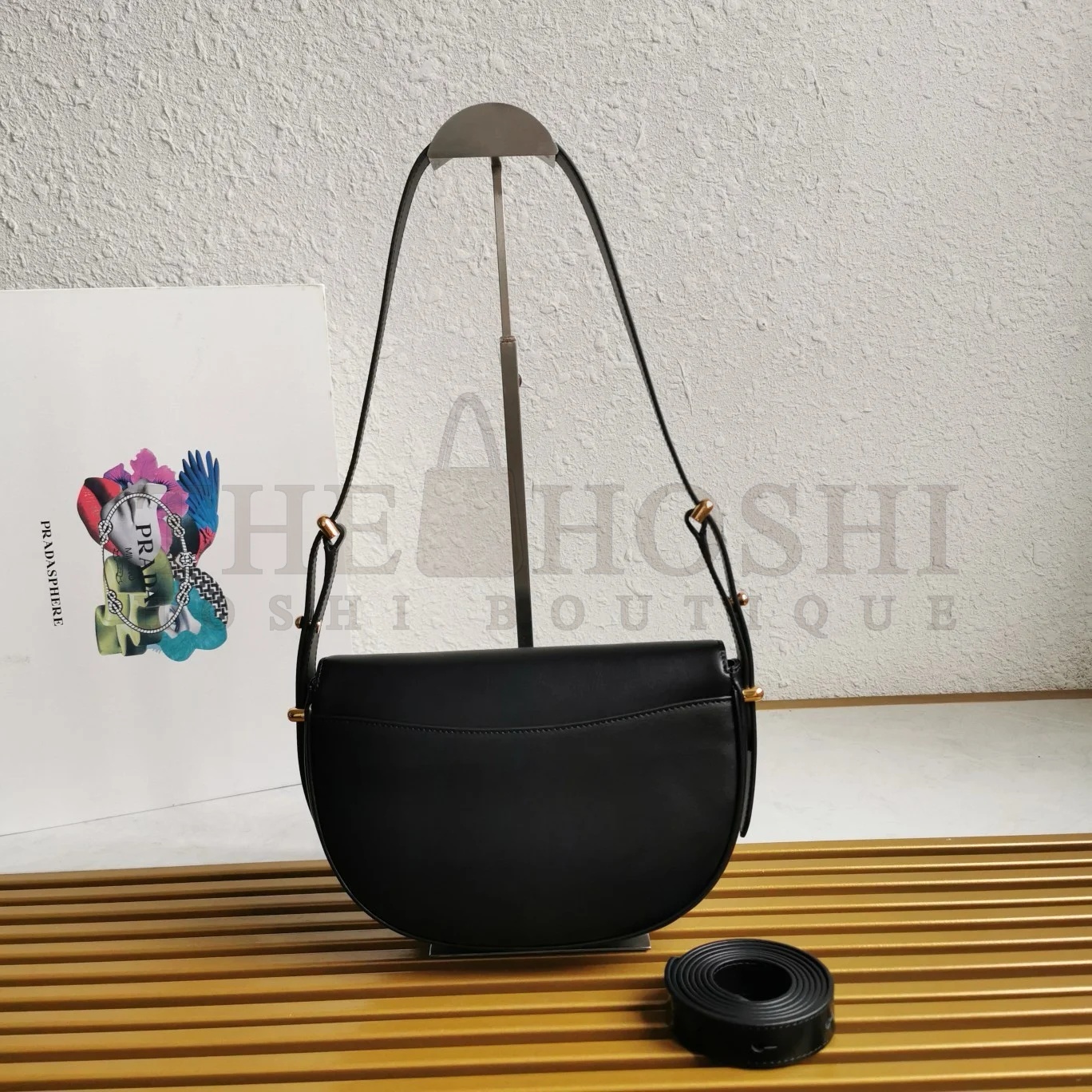 Pra*a Arque Shoulder Bag with Flap in Black Leather Master Quality