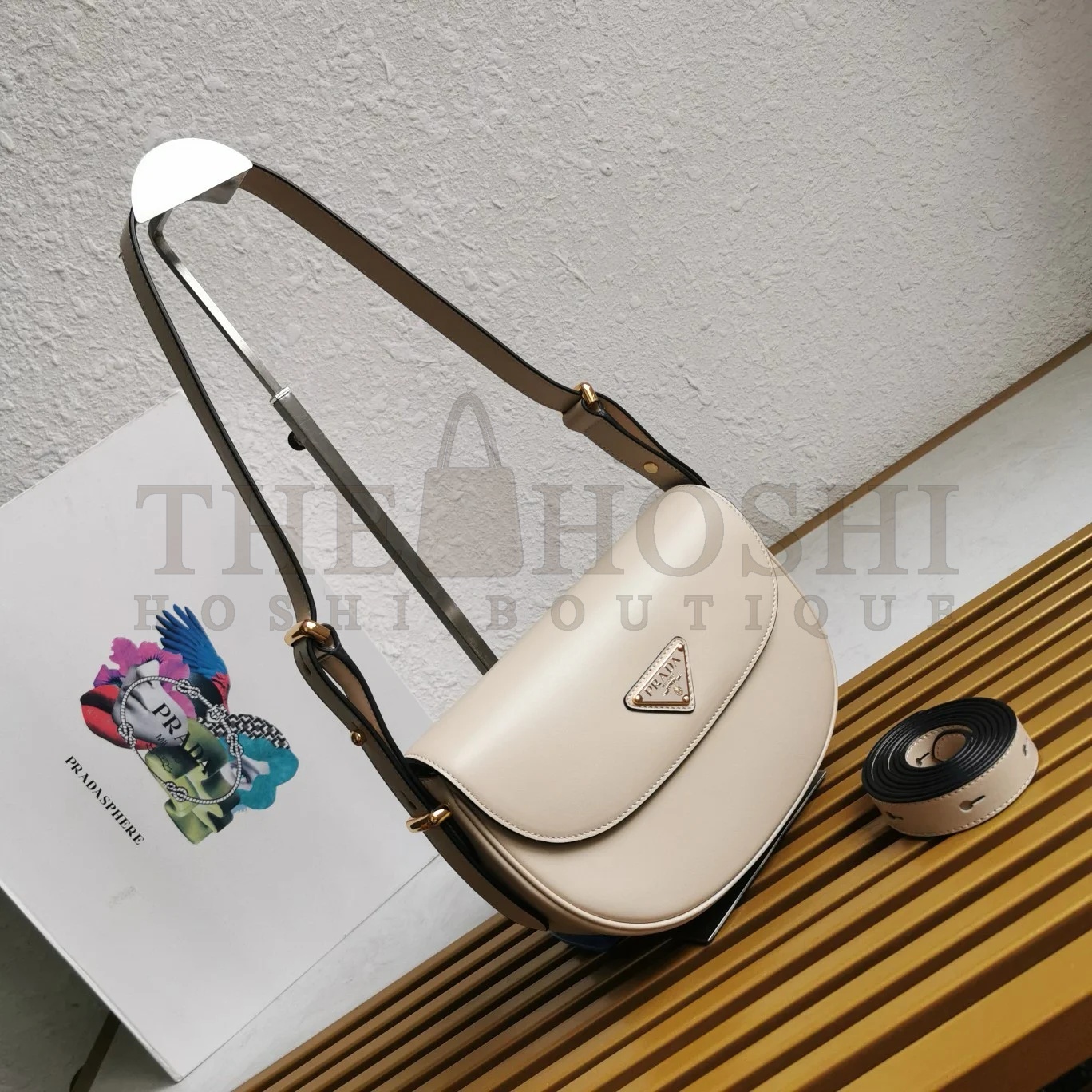 Pra*a Arque Shoulder Bag with Flap in Beige Leather Master Quality