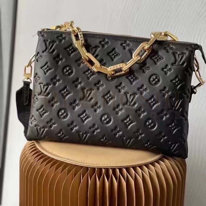 L0vis Vvtt0n LV Women Coussin MM Handbag Black Monogram Embossed Puffy Lambskin Master Quality