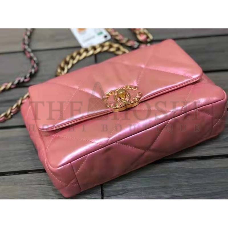 Ch**el Women 19 Flap Bag Lambskin Gold Silver-Tone &amp; Ruthenium-Finish Metal Coral Master Quality