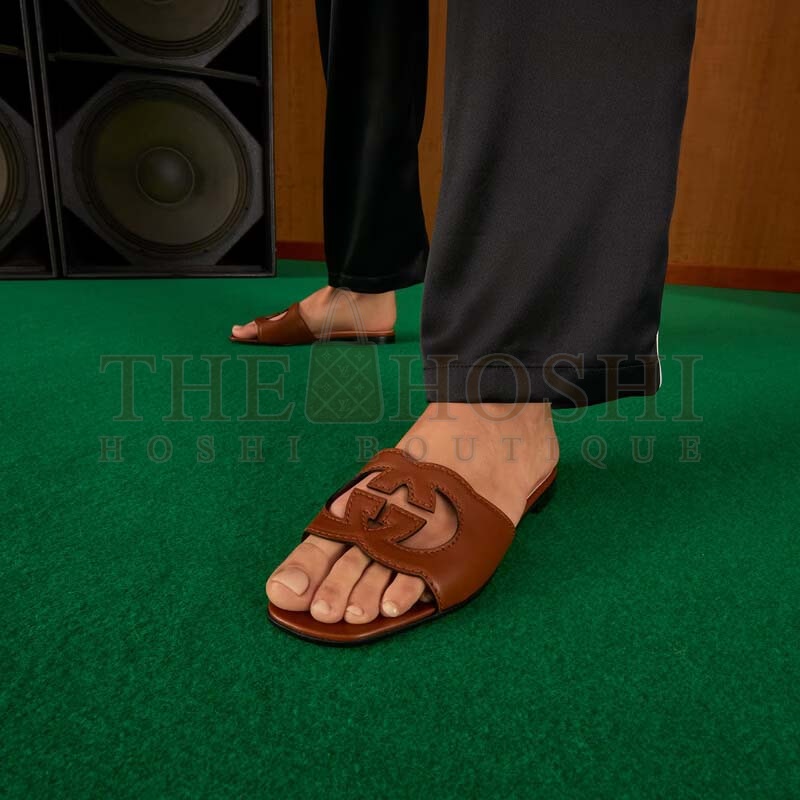 Gvc*1 Unisex Interlocking G Slide Sandals Orange Leather Cut-Out Flat Master Quality