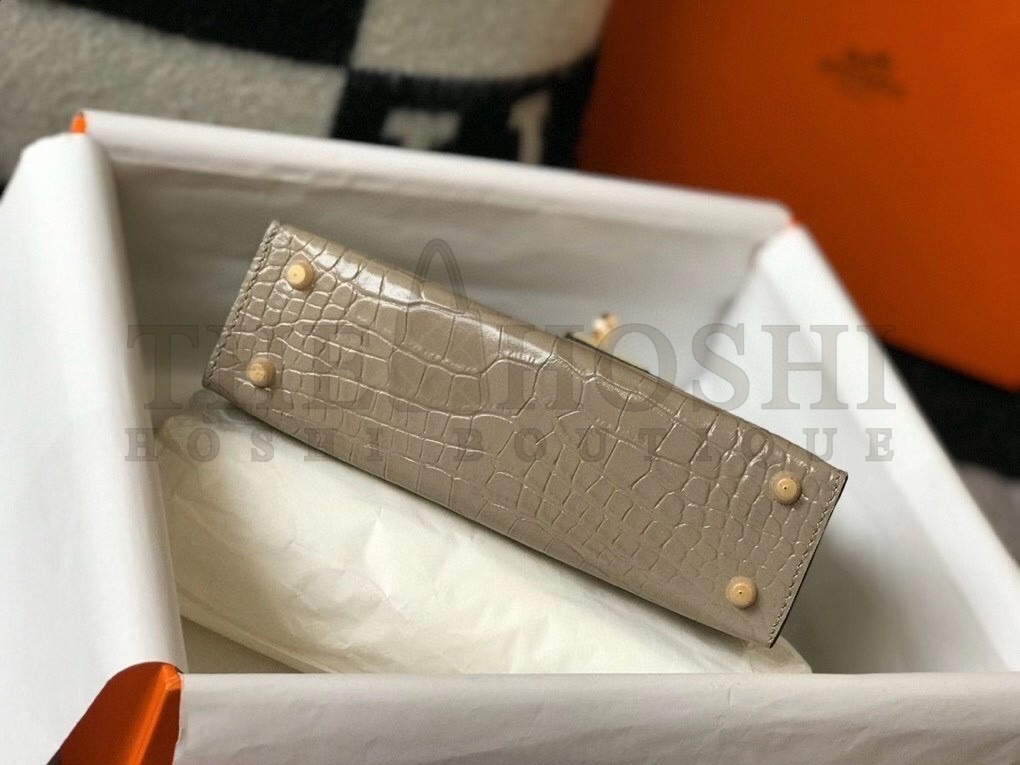 H**me5 Kelly Mini II Bag In Taupe Embossed Crocodile Calfskin Master Quality