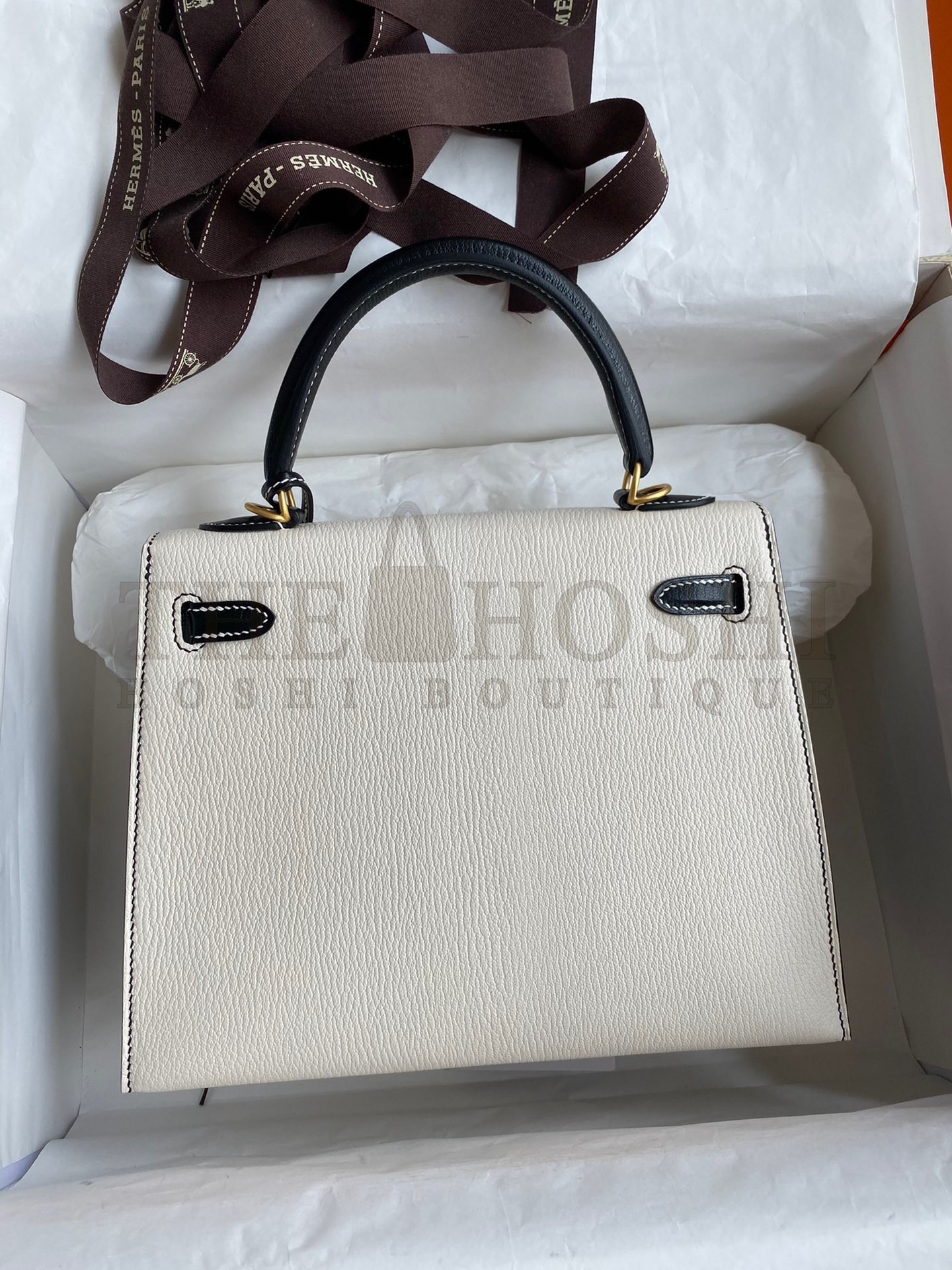 H**me5 Kelly Sellier 25 Bicolor Bag in White and Black Mysore Goatskin Master Quality