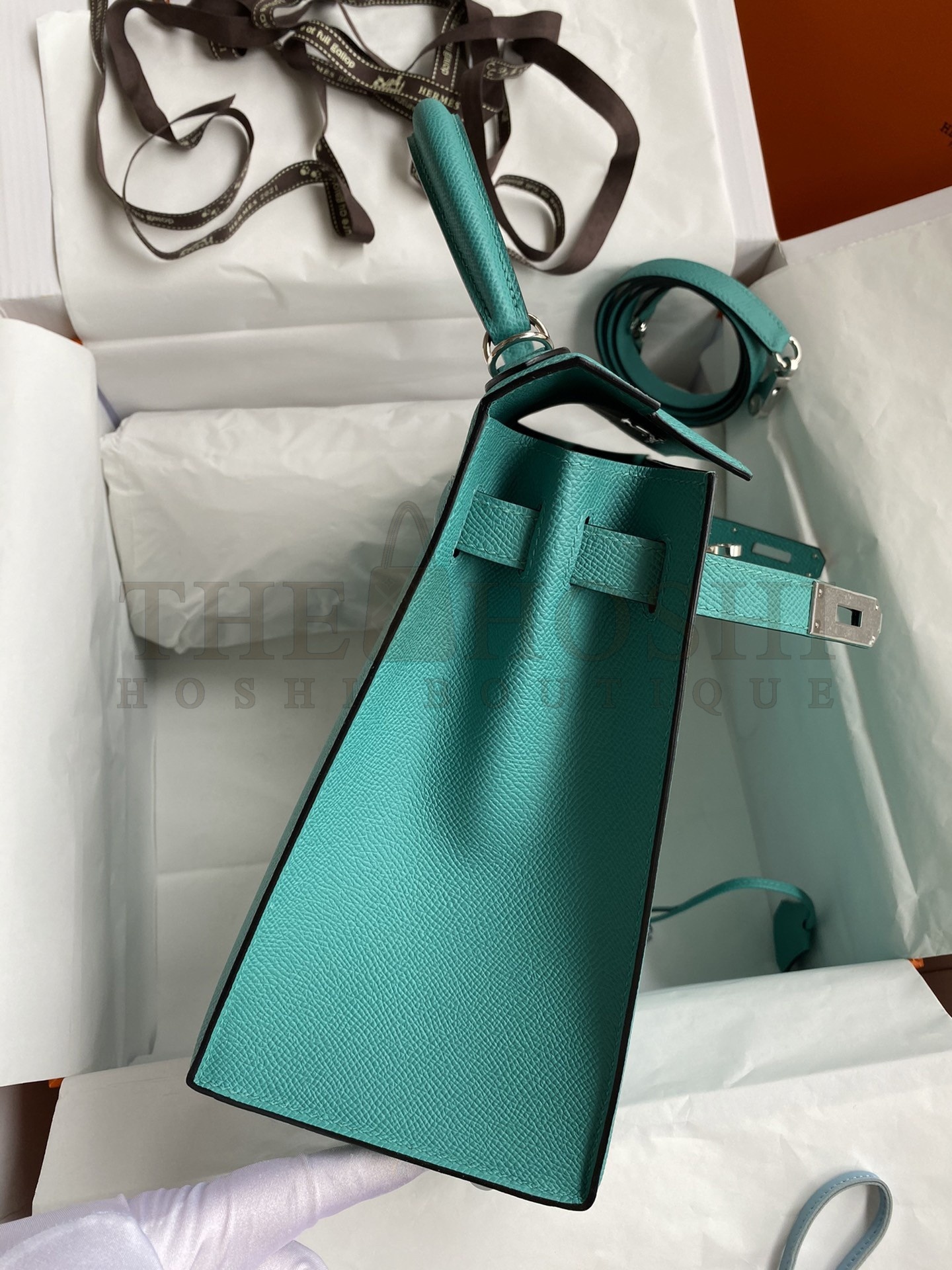 H**me5 Kelly Sellier 28 Handmade Bag In Blue Paon Epsom Calfskin Master Quality