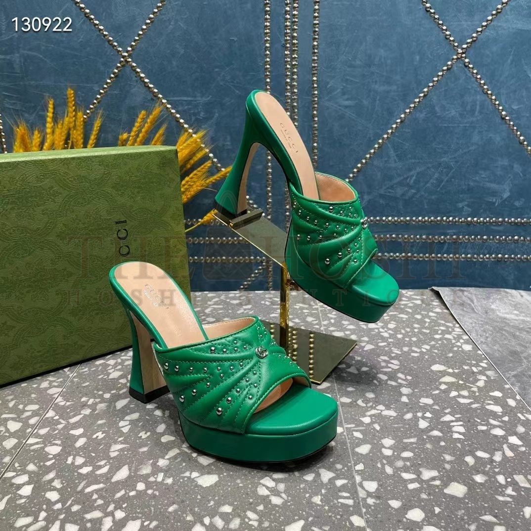 Gvc*1 Women Heeled Slide Sandals Green Leather Studs Spool High 15 Cm Heel Master Quality