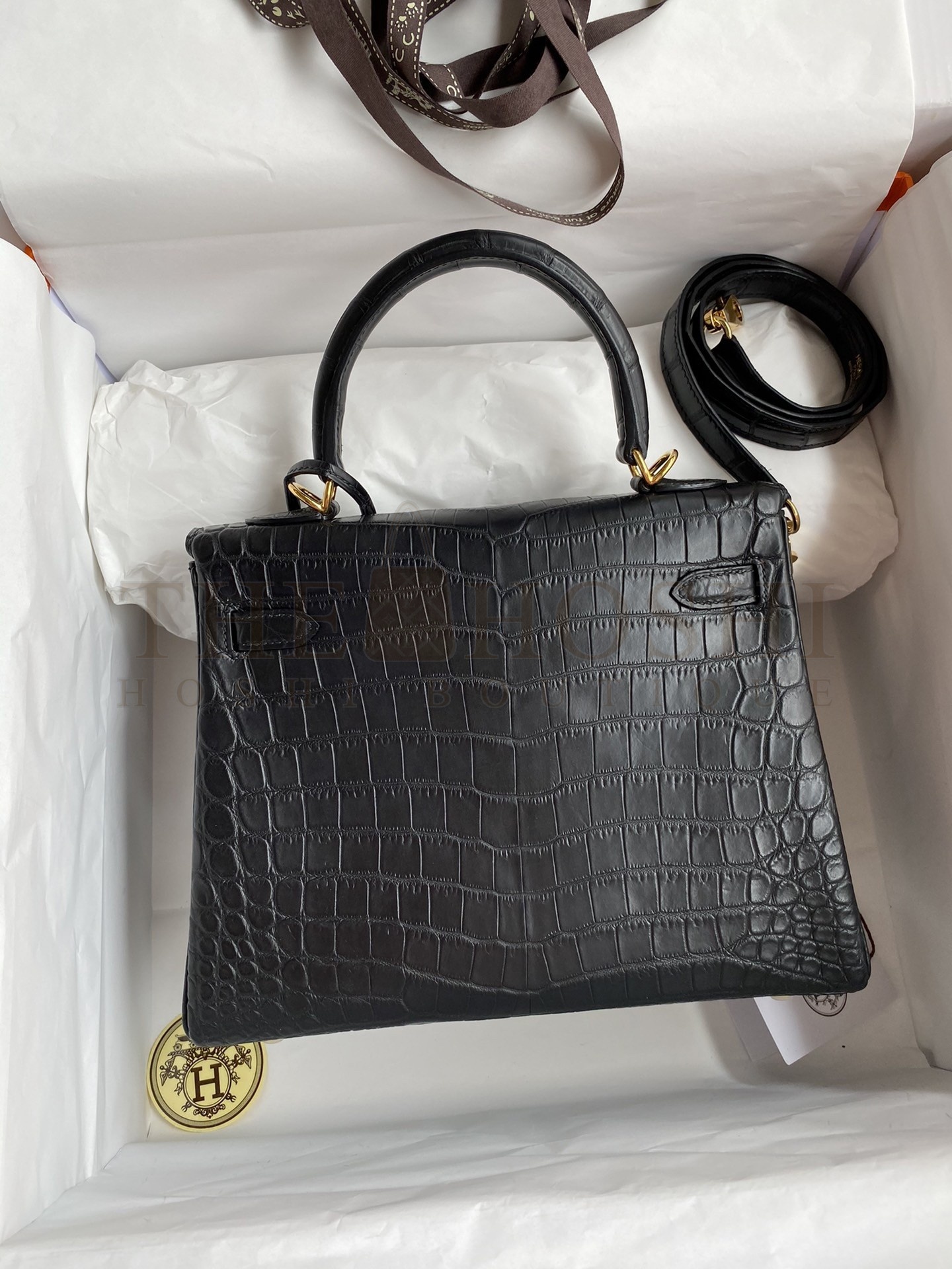 H**me5 Kelly Sellier 25 Handmade Bag In Black Crocodile Niloticus Matte Skin Master Quality