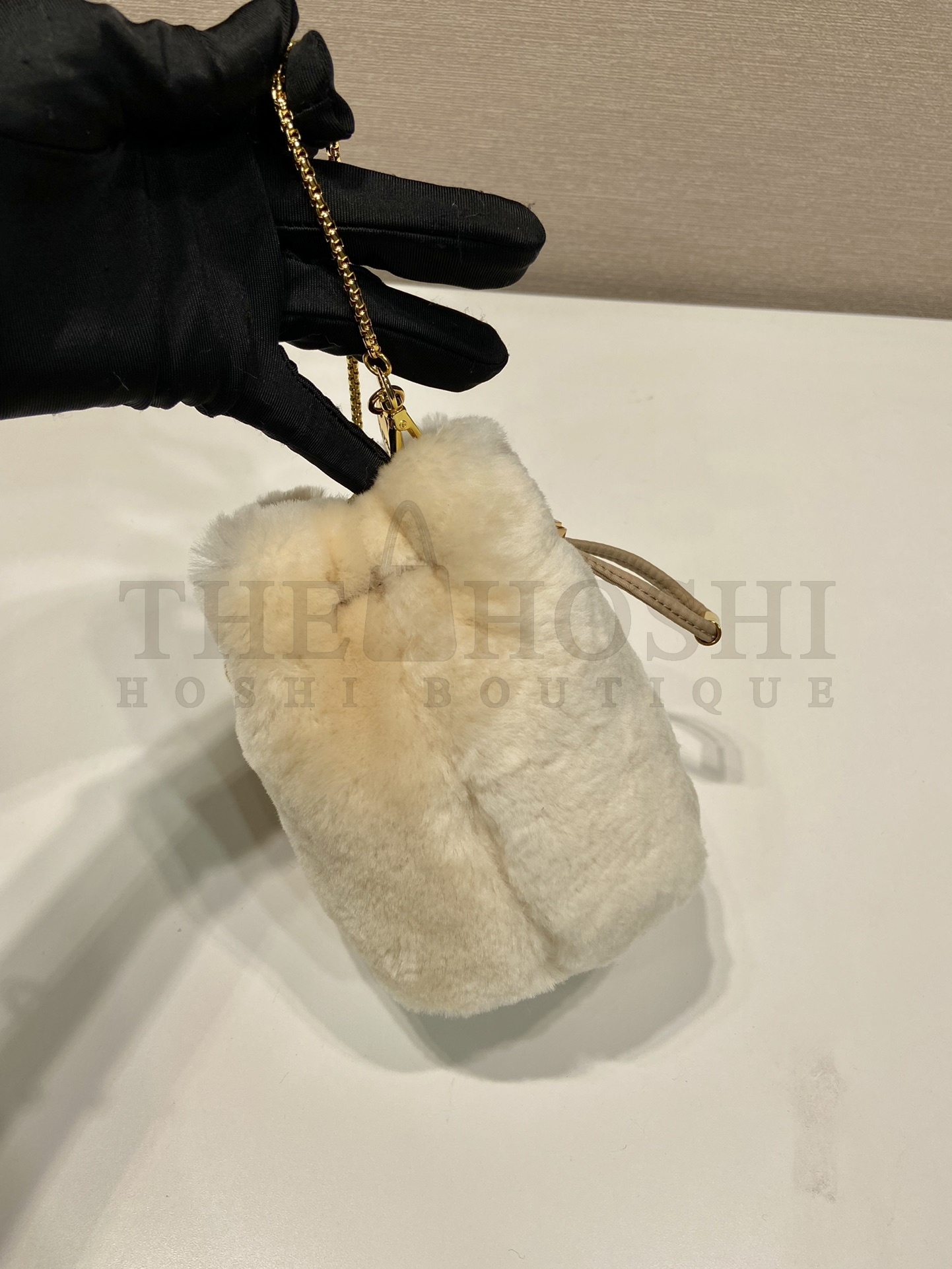 Pra*a Women Sheepskin Mini Pouch-Beige bag 9 x 9.5 x 6 cm Master Quality