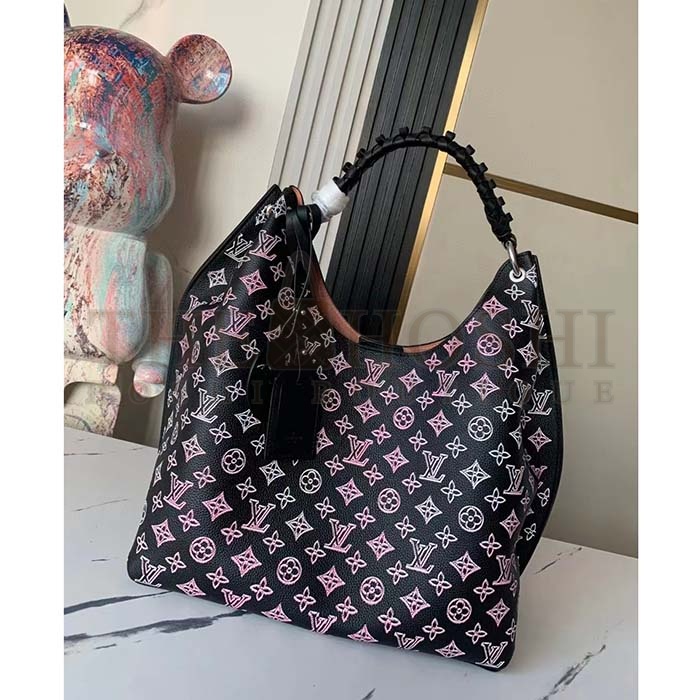 L0vis Vvtt0n LV Women Carmel Hobo Bag Black Perforated Mahina Calf Leather Master Quality