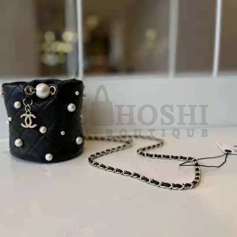 Ch**el Women Mini Drawstring Bag Lambskin Imitation Pearls &amp; Gold-Tone Metal Black Master Quality