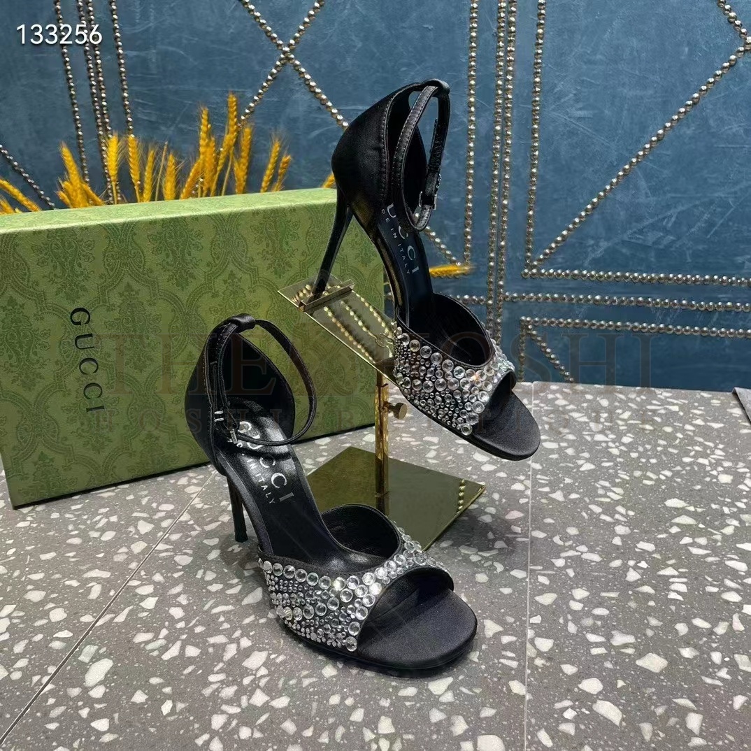 Gvc*1 Women G2 Mid-Heel Sandals Crystals Black Satin 11 CM Heel Double G Master Quality