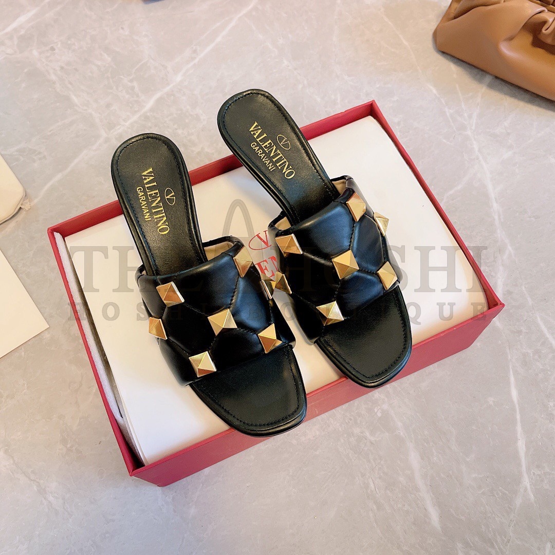 Va1e*ntin0 Roman Stud Slide Sandals 65mm In Black Leather Master Quality