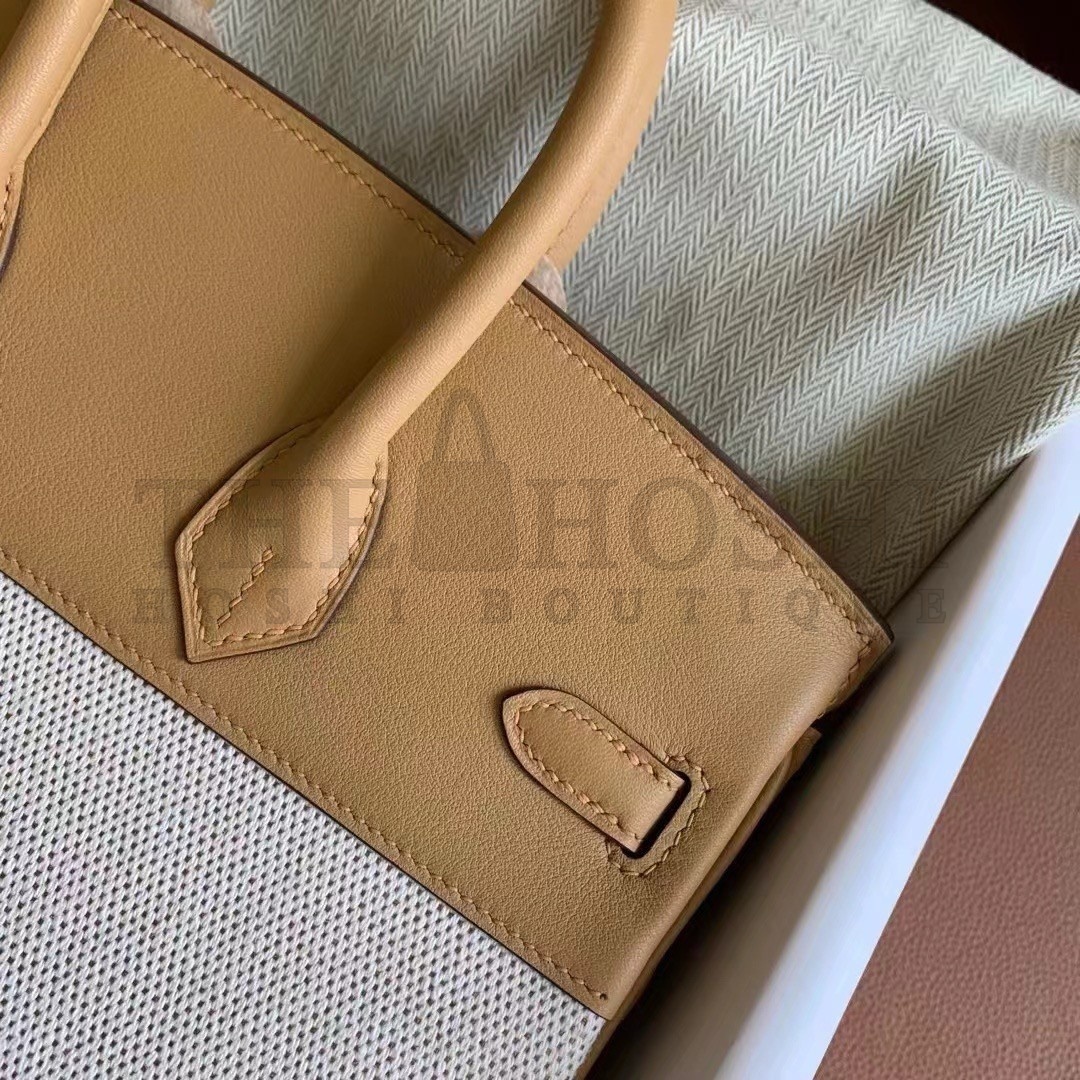 H**me5 Birkin 25 Handmade Bag In Toile &amp; Biscuit Swift Leather Master Quality