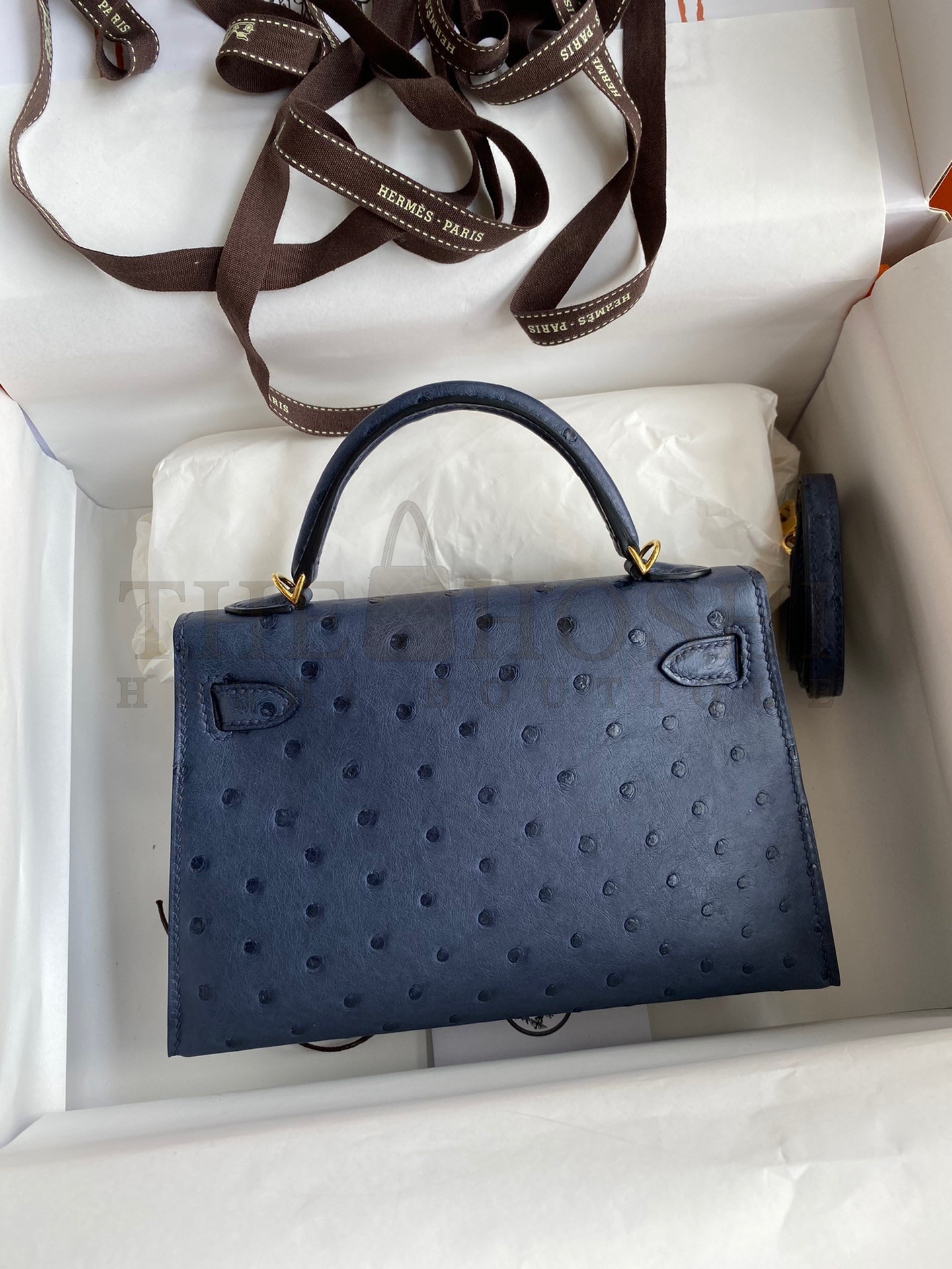 H**me5 Kelly Mini II Sellier Handmade Bag In Blue Iris Ostrich Leather Master Quality