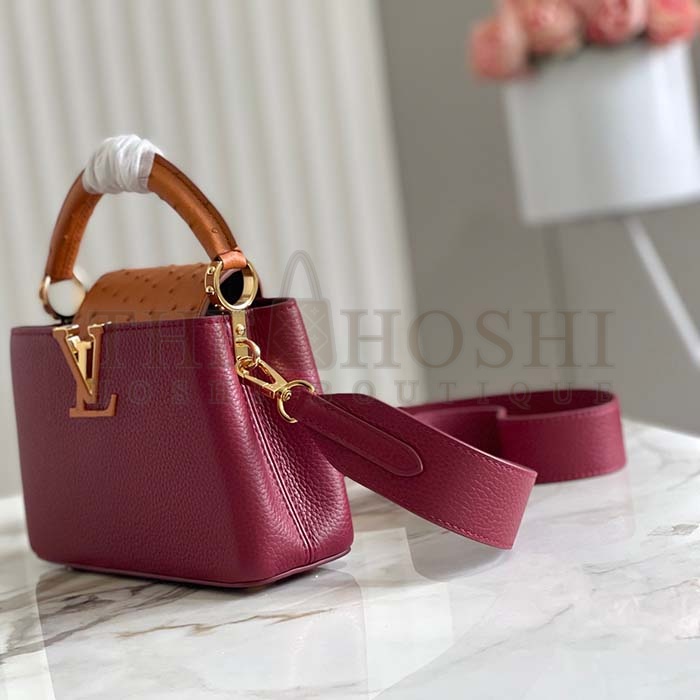L0vis Vvtt0n LV Women Capucines Mini Handbag Red Taurillon Ostrich Leather Master Quality