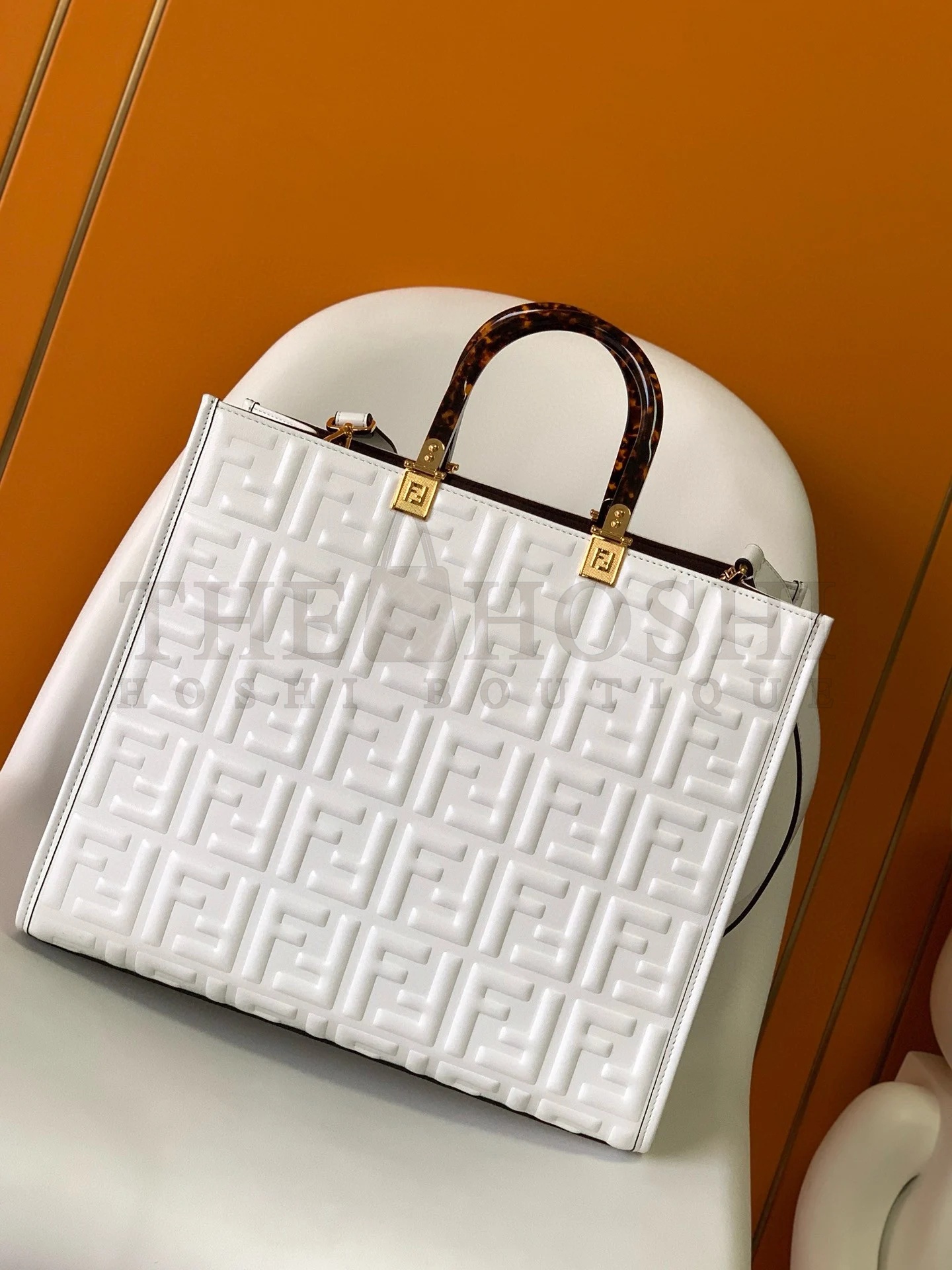 F**di Sunshine Medium Tote Bag In White FF Calfskin Master Quality