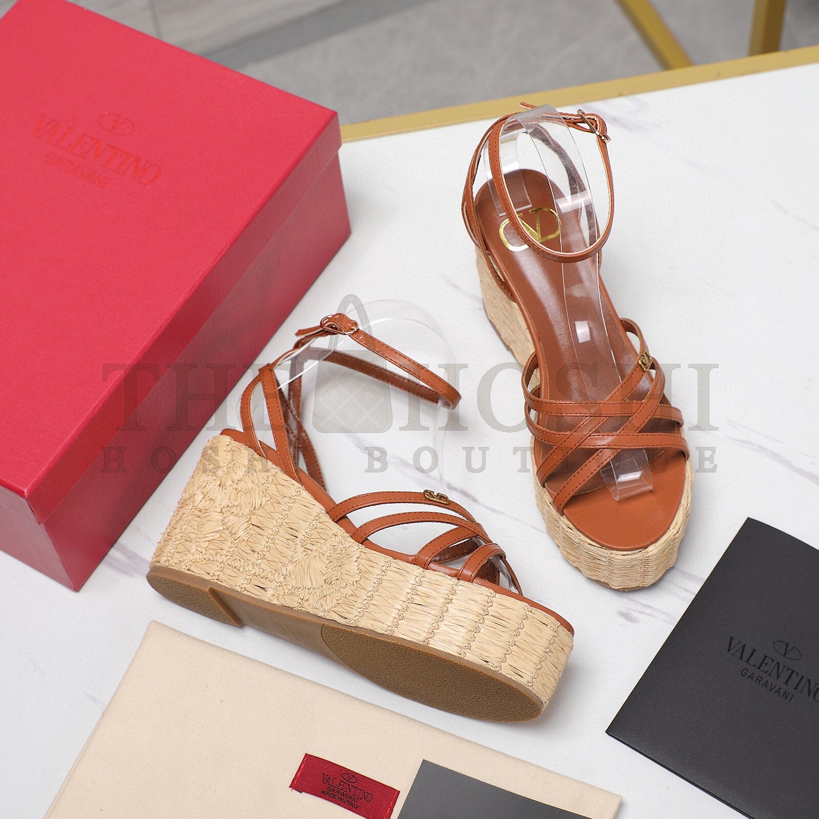 Va1e*ntin0 Raflower Wedge Sandals in Brown Calfskin Master Quality