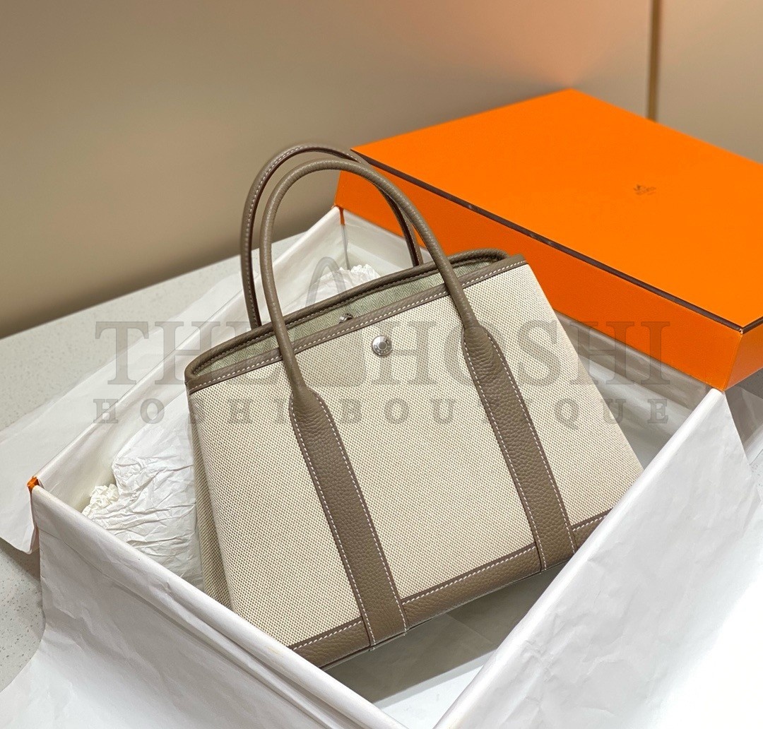 H**me5 Garden Party 30cm Bag in Toile and Taupe Leather Master Quality