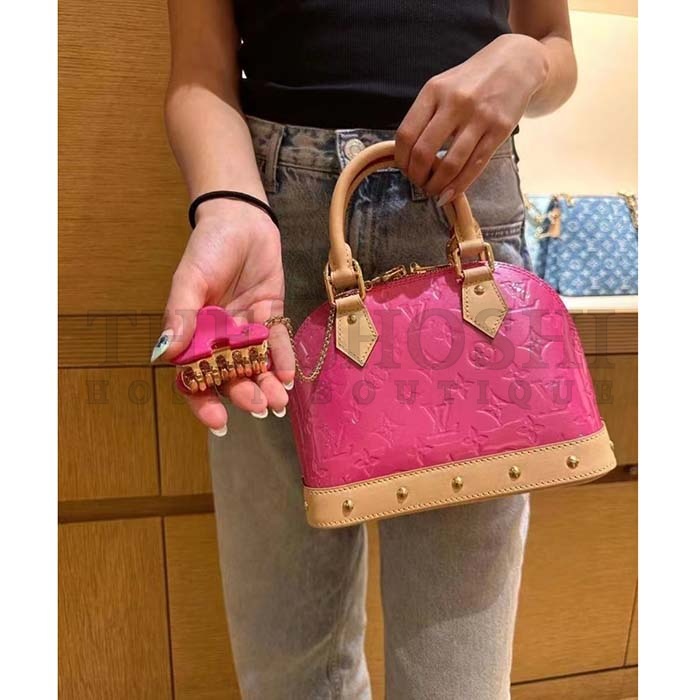 L0vis Vvtt0n LV Women Alma BB Handbag Neon Pink Monogram Vernis Embossed Cowhide Leather M90611 Master Quality