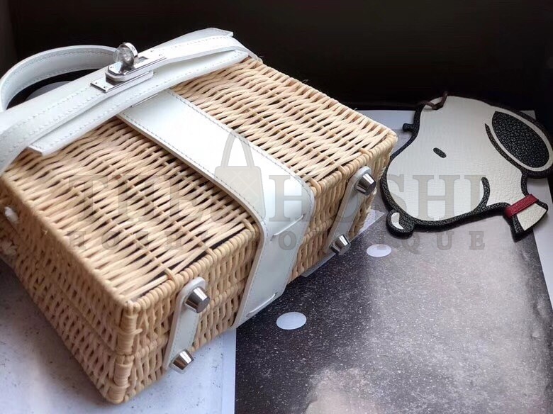 H**me5 White Picnic Kelly Mini 20cm Wicker Bag Master Quality