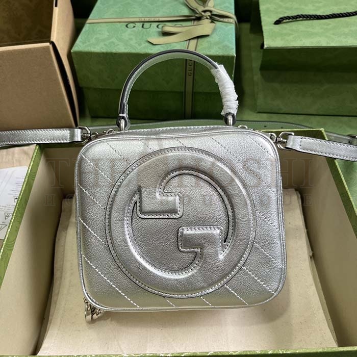 Gvc*1 Women GG Blondie Top Handle Bag Metallic Silver Leather Round Interlocking G Master Quality