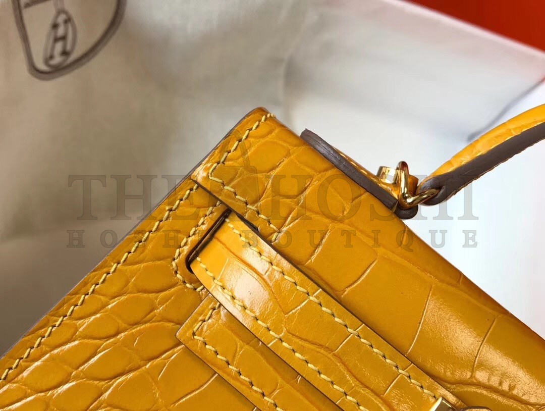 H**me5 Kelly Mini II Bag In Yellow Crocodile Embossed Leather Master Quality