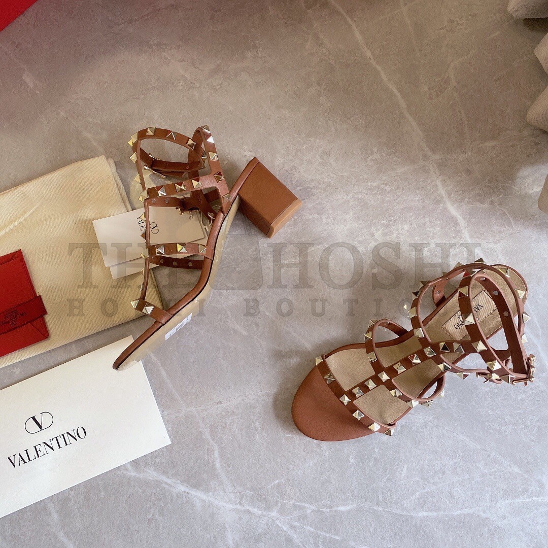 Va1e*ntin0 Rockstud Ankle Strap Sandals 60mm In Brown Calfskin Master Quality