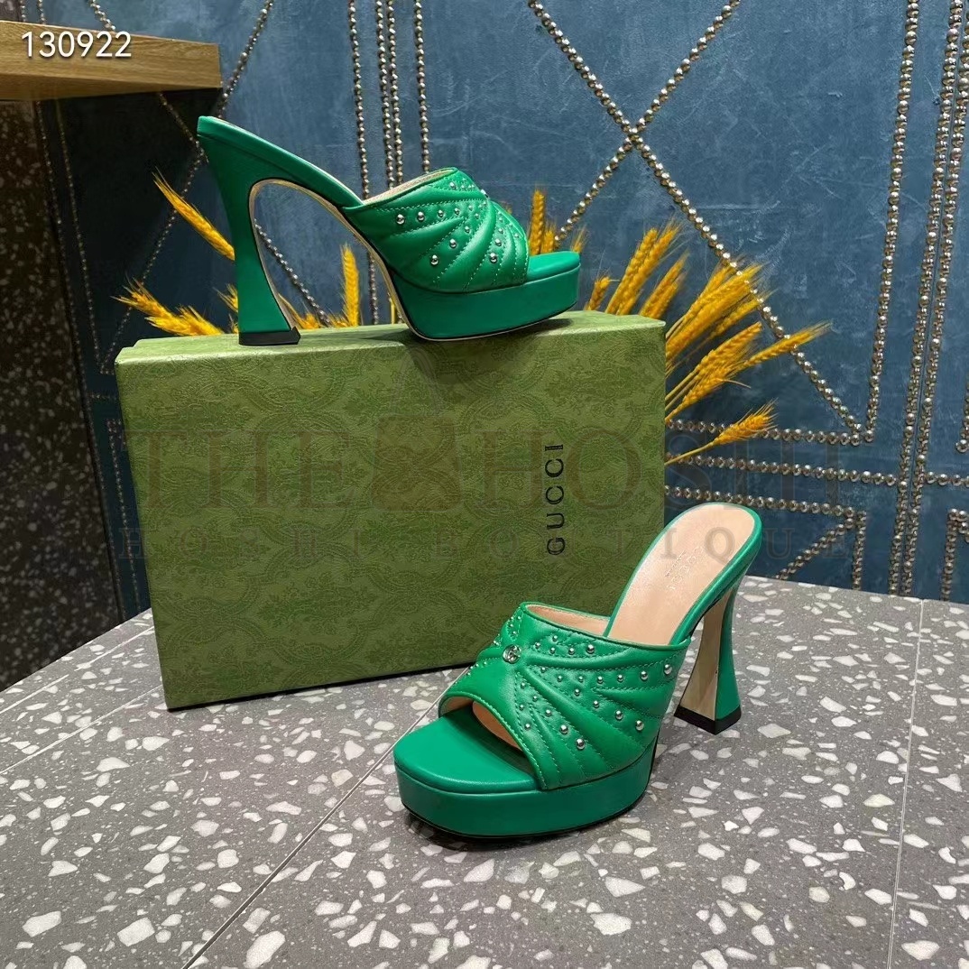 Gvc*1 Women Heeled Slide Sandals Green Leather Studs Spool High 15 Cm Heel Master Quality