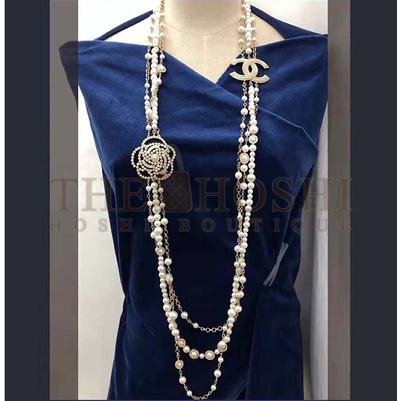 Ch**el Women Long Necklace in Metal Glass Pearls &amp; Diamantés-White Master Quality